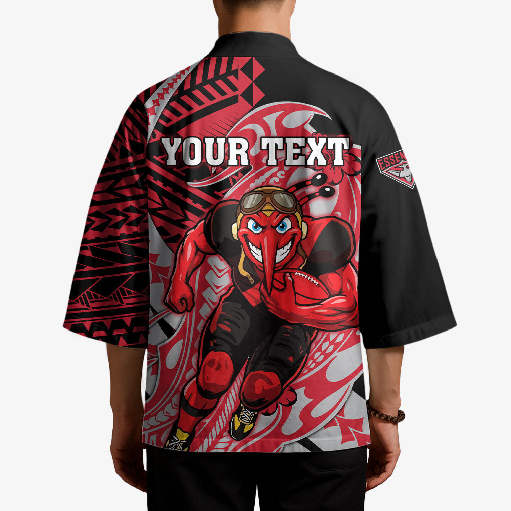 Personalized Essendon Bombers Kimono Polynesian Tribal Bomber Pilot Mascot With Hibiscus Floral Art