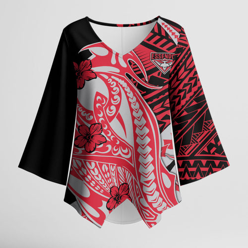 Personalized Essendon Bombers Kimono Sleeve Blouse Polynesian Tribal Bomber Pilot Mascot With Hibiscus Floral Art