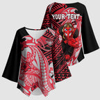 Personalized Essendon Bombers Kimono Sleeve Blouse Polynesian Tribal Bomber Pilot Mascot With Hibiscus Floral Art