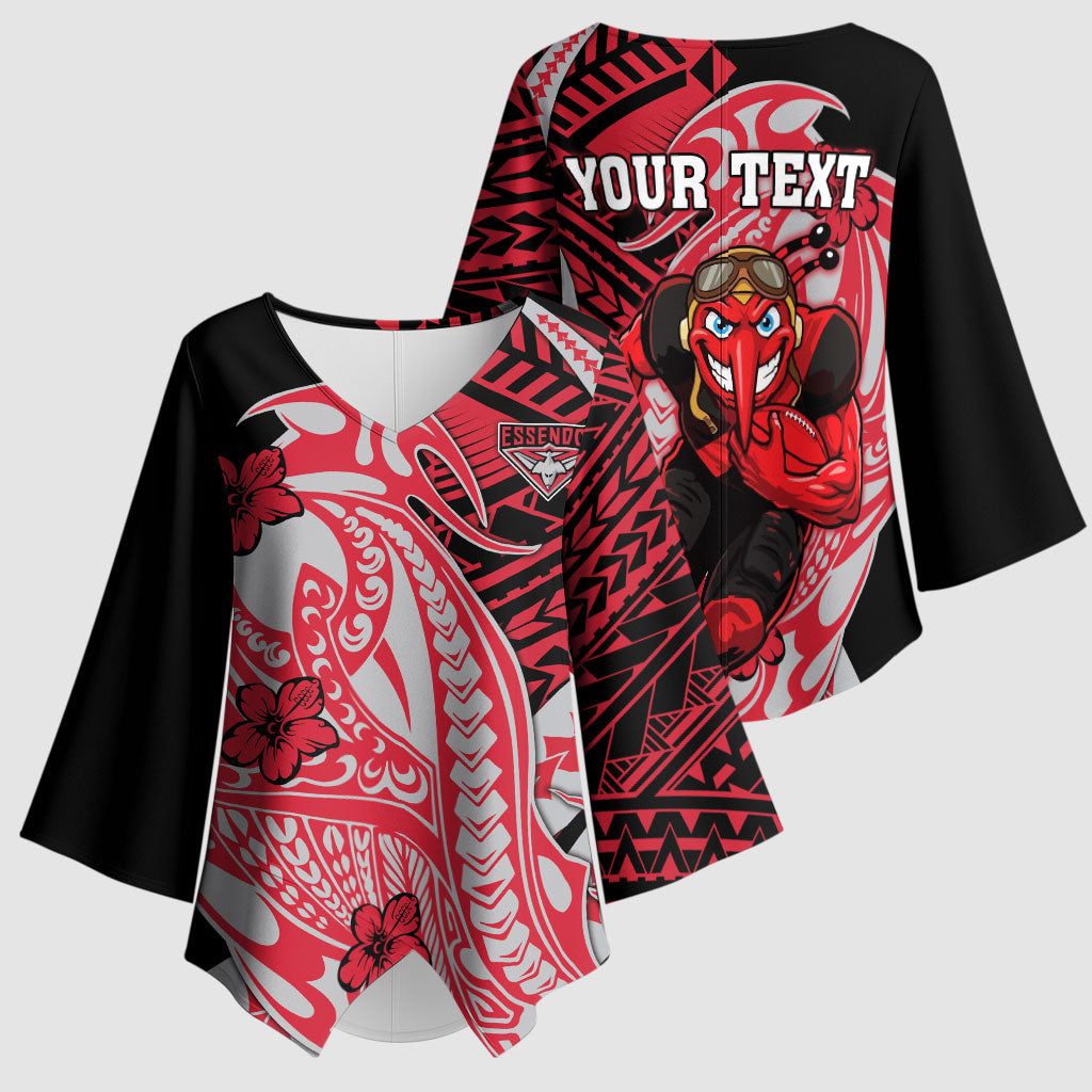 Personalized Essendon Bombers Kimono Sleeve Blouse Polynesian Tribal Bomber Pilot Mascot With Hibiscus Floral Art