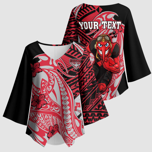 Personalized Essendon Bombers Kimono Sleeve Blouse Polynesian Tribal Bomber Pilot Mascot With Hibiscus Floral Art