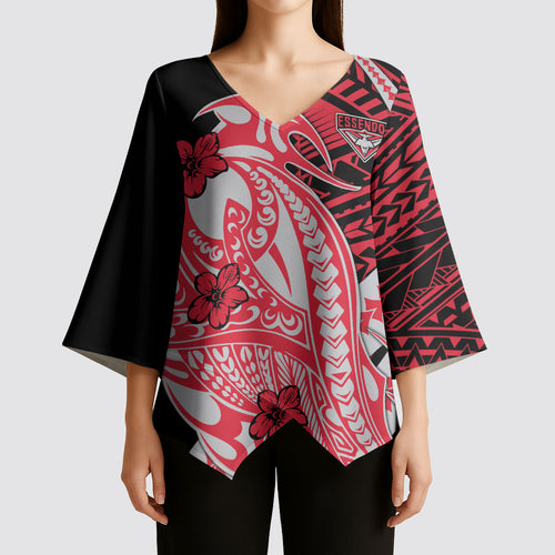 Personalized Essendon Bombers Kimono Sleeve Blouse Polynesian Tribal Bomber Pilot Mascot With Hibiscus Floral Art