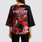 Personalized Essendon Bombers Kimono Sleeve Blouse Polynesian Tribal Bomber Pilot Mascot With Hibiscus Floral Art
