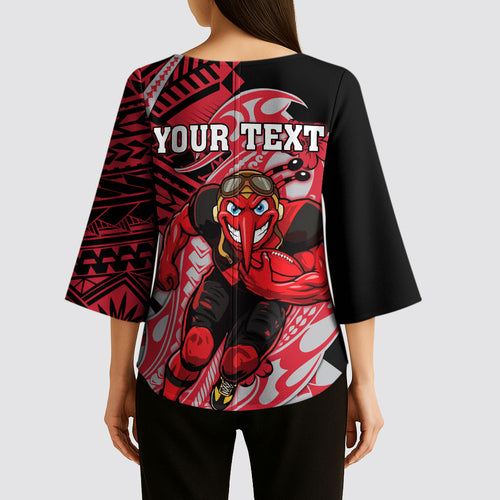 Personalized Essendon Bombers Kimono Sleeve Blouse Polynesian Tribal Bomber Pilot Mascot With Hibiscus Floral Art