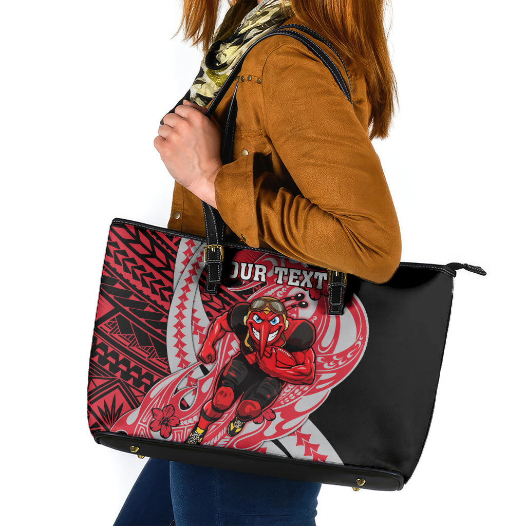 Personalized Essendon Bombers Leather Tote Bag Polynesian Tribal Bomber Pilot Mascot With Hibiscus Floral Art