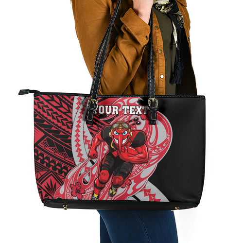 Personalized Essendon Bombers Leather Tote Bag Polynesian Tribal Bomber Pilot Mascot With Hibiscus Floral Art
