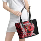 Personalized Essendon Bombers Leather Tote Bag Polynesian Tribal Bomber Pilot Mascot With Hibiscus Floral Art