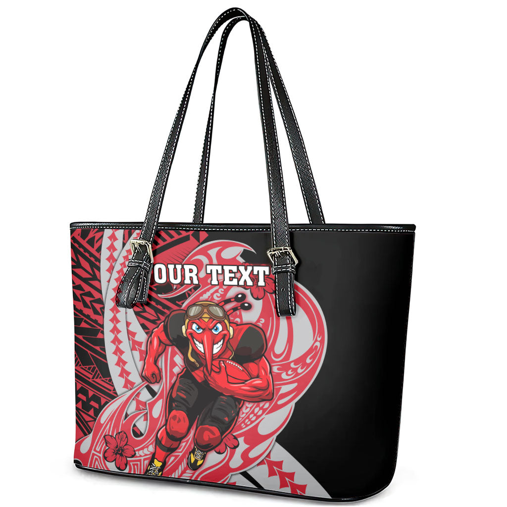 Personalized Essendon Bombers Leather Tote Bag Polynesian Tribal Bomber Pilot Mascot With Hibiscus Floral Art