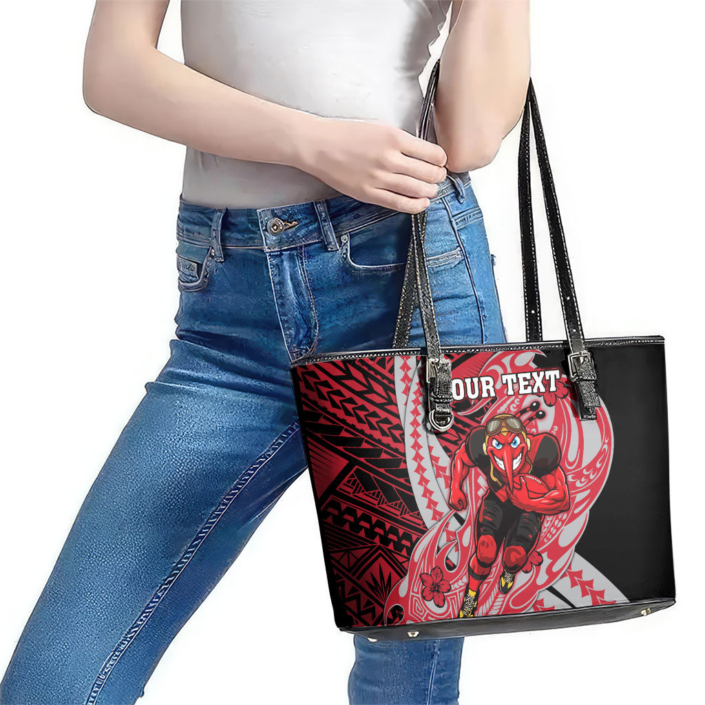 Personalized Essendon Bombers Leather Tote Bag Polynesian Tribal Bomber Pilot Mascot With Hibiscus Floral Art