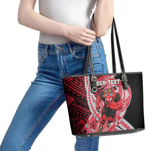 Personalized Essendon Bombers Leather Tote Bag Polynesian Tribal Bomber Pilot Mascot With Hibiscus Floral Art
