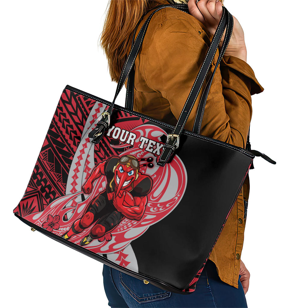 Personalized Essendon Bombers Leather Tote Bag Polynesian Tribal Bomber Pilot Mascot With Hibiscus Floral Art