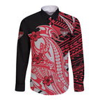 Personalized Essendon Bombers Long Sleeve Button Shirt Polynesian Tribal Bomber Pilot Mascot With Hibiscus Floral Art