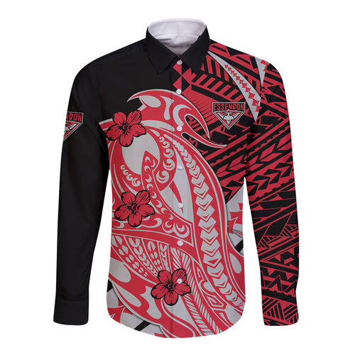 Personalized Essendon Bombers Long Sleeve Button Shirt Polynesian Tribal Bomber Pilot Mascot With Hibiscus Floral Art