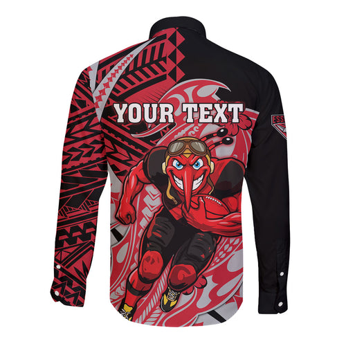 Personalized Essendon Bombers Long Sleeve Button Shirt Polynesian Tribal Bomber Pilot Mascot With Hibiscus Floral Art