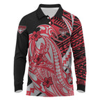 Personalized Essendon Bombers Long Sleeve Polo Shirt Polynesian Tribal Bomber Pilot Mascot With Hibiscus Floral Art