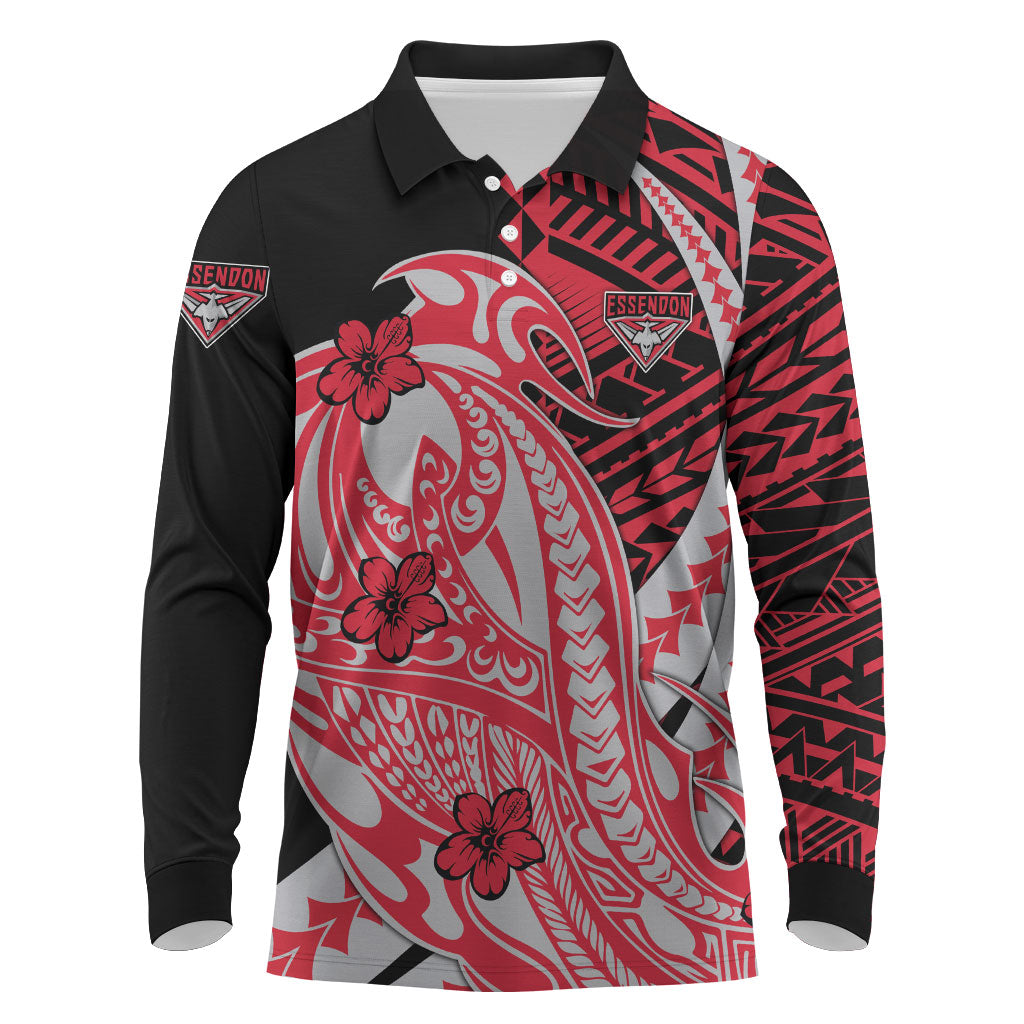 Personalized Essendon Bombers Long Sleeve Polo Shirt Polynesian Tribal Bomber Pilot Mascot With Hibiscus Floral Art