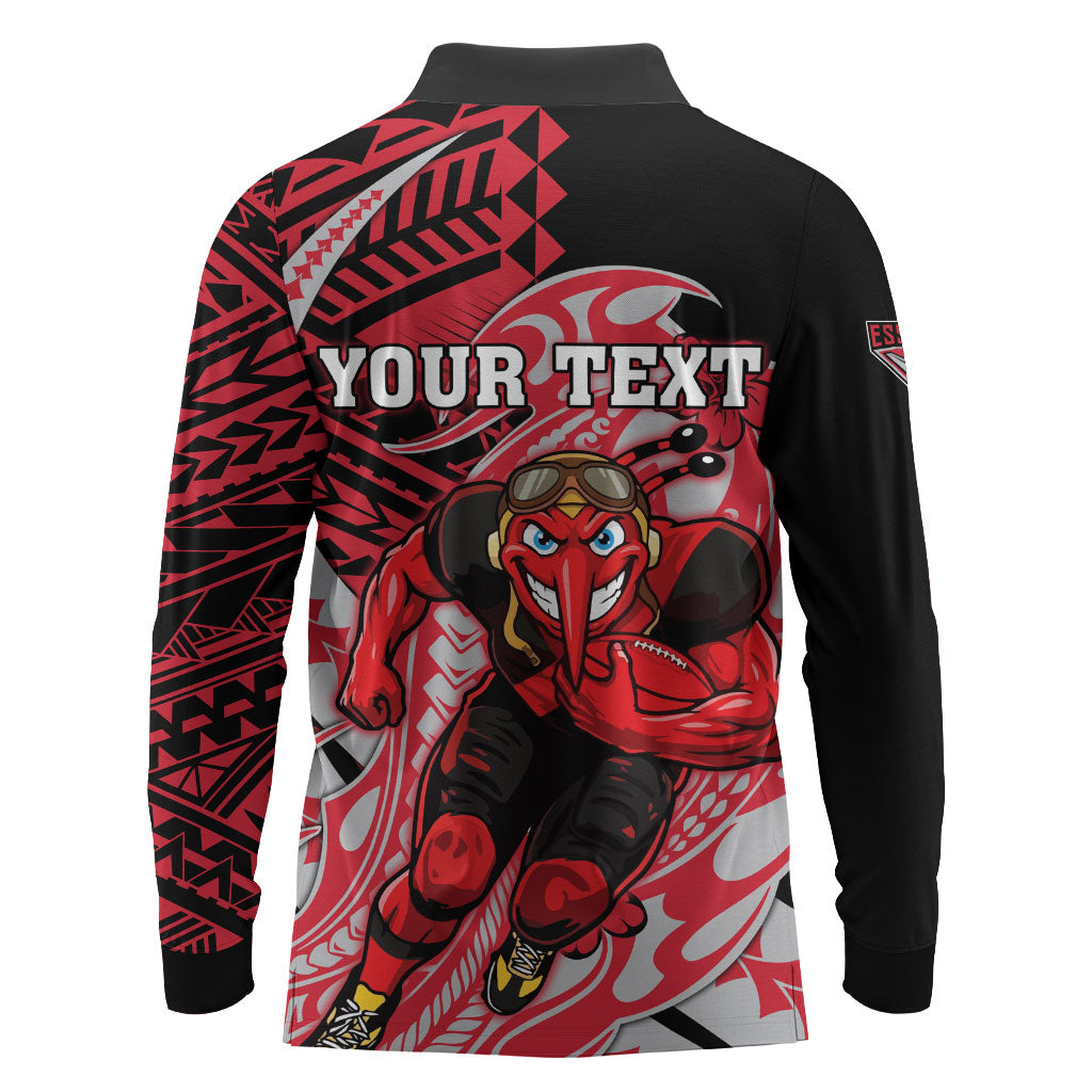 Personalized Essendon Bombers Long Sleeve Polo Shirt Polynesian Tribal Bomber Pilot Mascot With Hibiscus Floral Art