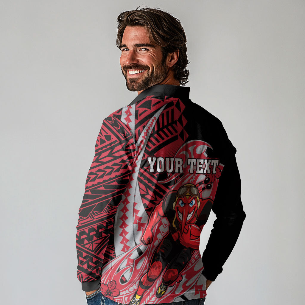 Personalized Essendon Bombers Long Sleeve Polo Shirt Polynesian Tribal Bomber Pilot Mascot With Hibiscus Floral Art