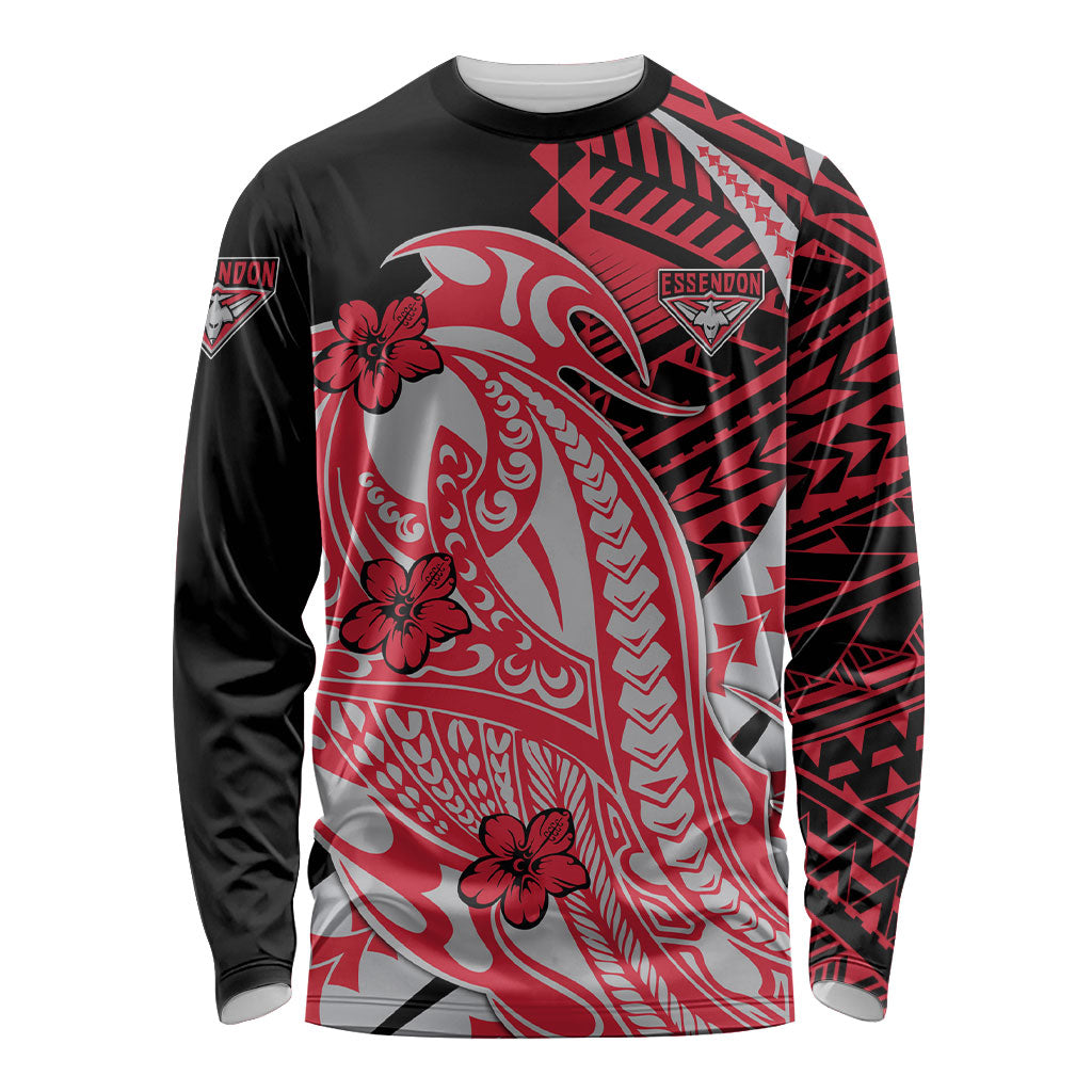 Personalized Essendon Bombers Long Sleeve Shirt Polynesian Tribal Bomber Pilot Mascot With Hibiscus Floral Art