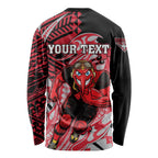 Personalized Essendon Bombers Long Sleeve Shirt Polynesian Tribal Bomber Pilot Mascot With Hibiscus Floral Art