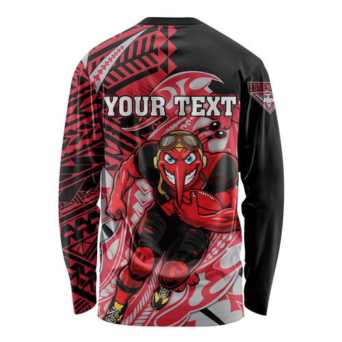 Personalized Essendon Bombers Long Sleeve Shirt Polynesian Tribal Bomber Pilot Mascot With Hibiscus Floral Art