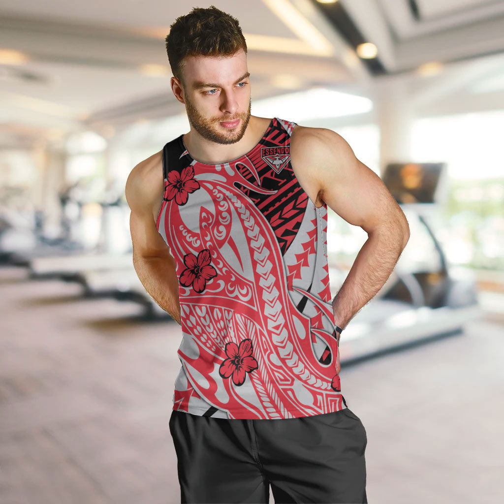 Personalized Essendon Bombers Men Tank Top Polynesian Tribal Bomber Pilot Mascot With Hibiscus Floral Art