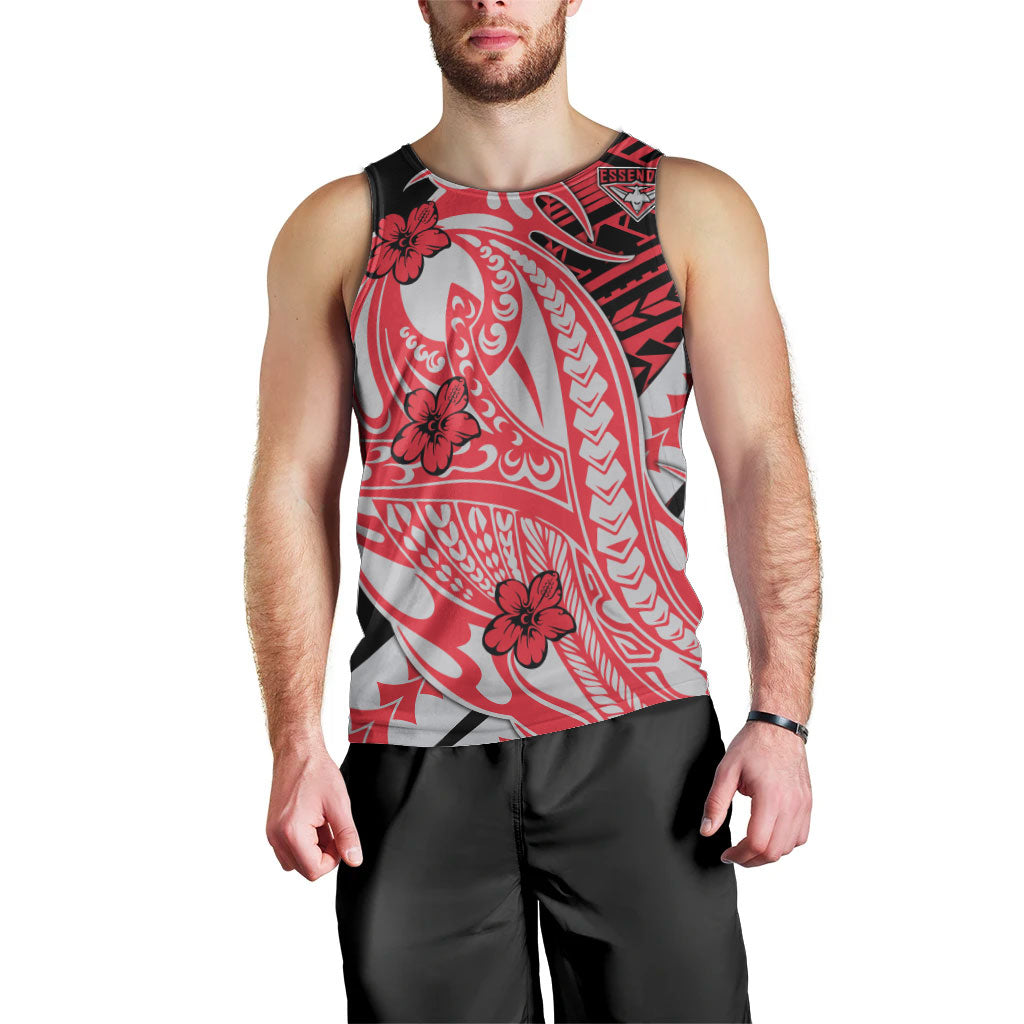 Personalized Essendon Bombers Men Tank Top Polynesian Tribal Bomber Pilot Mascot With Hibiscus Floral Art