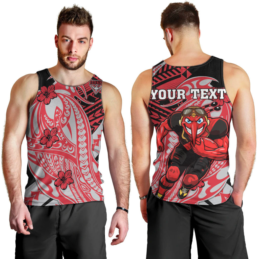 Personalized Essendon Bombers Men Tank Top Polynesian Tribal Bomber Pilot Mascot With Hibiscus Floral Art