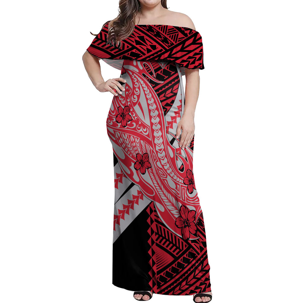Personalized Essendon Bombers Off Shoulder Maxi Dress Polynesian Tribal Bomber Pilot Mascot With Hibiscus Floral Art