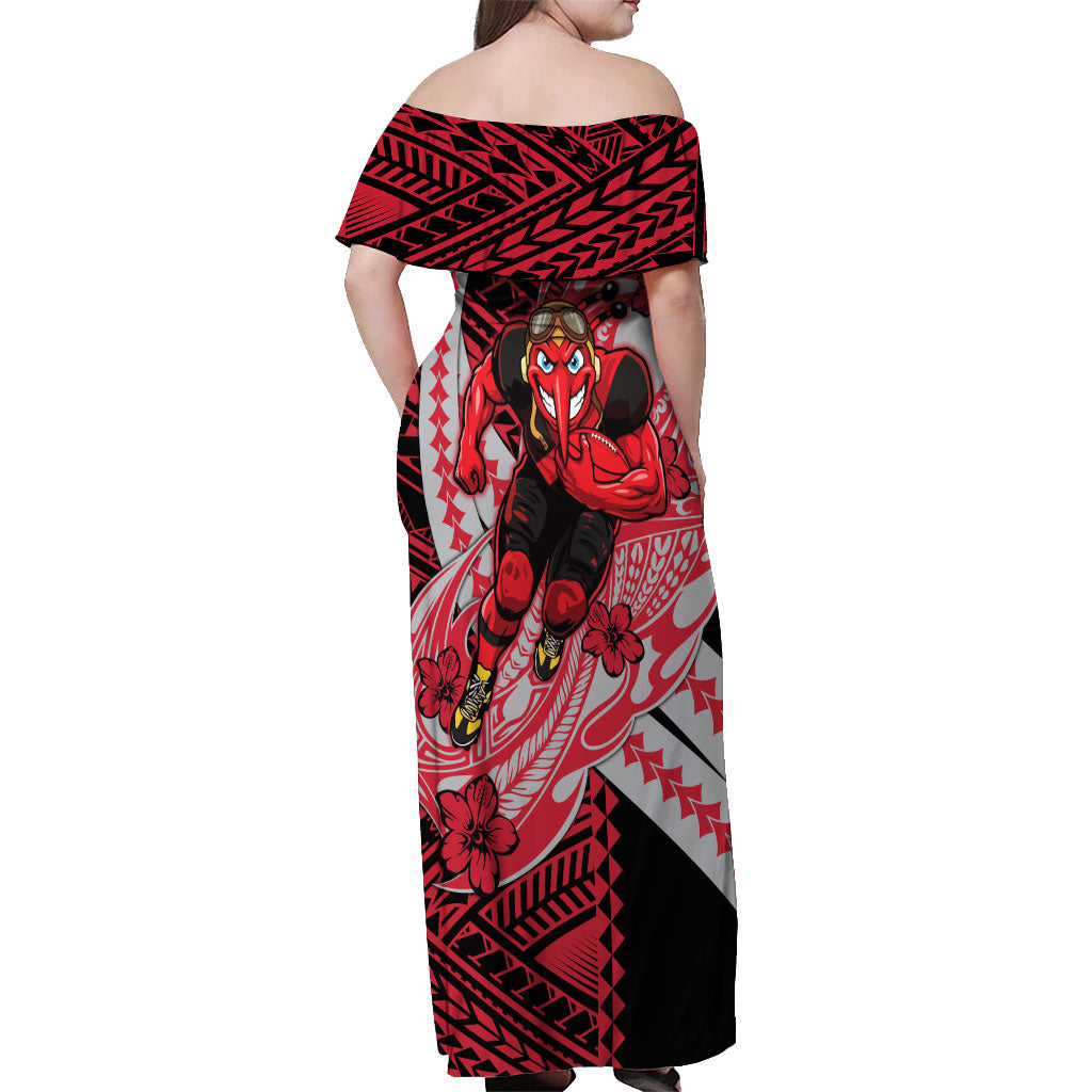 Personalized Essendon Bombers Off Shoulder Maxi Dress Polynesian Tribal Bomber Pilot Mascot With Hibiscus Floral Art