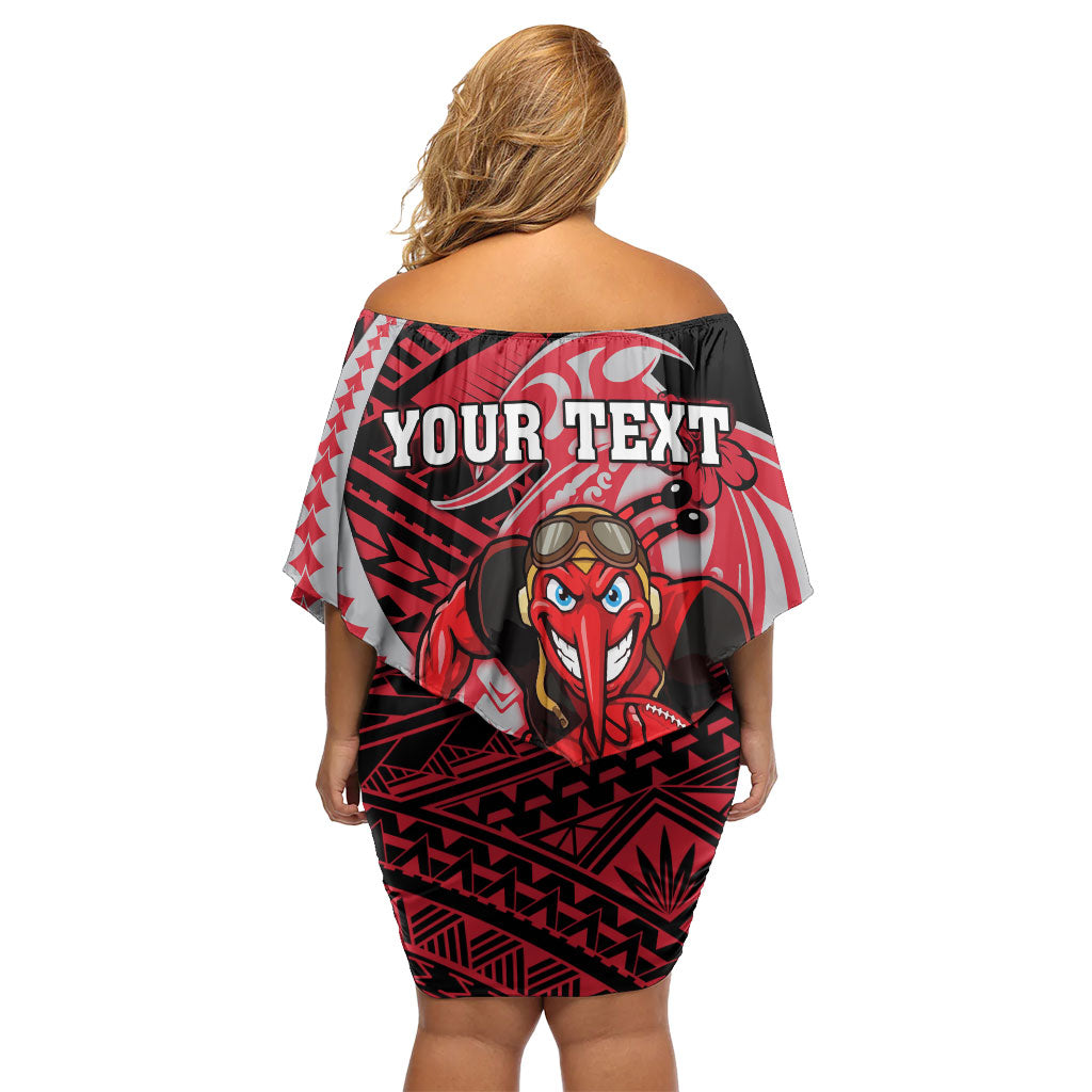 Personalized Essendon Bombers Off Shoulder Short Dress Polynesian Tribal Bomber Pilot Mascot With Hibiscus Floral Art