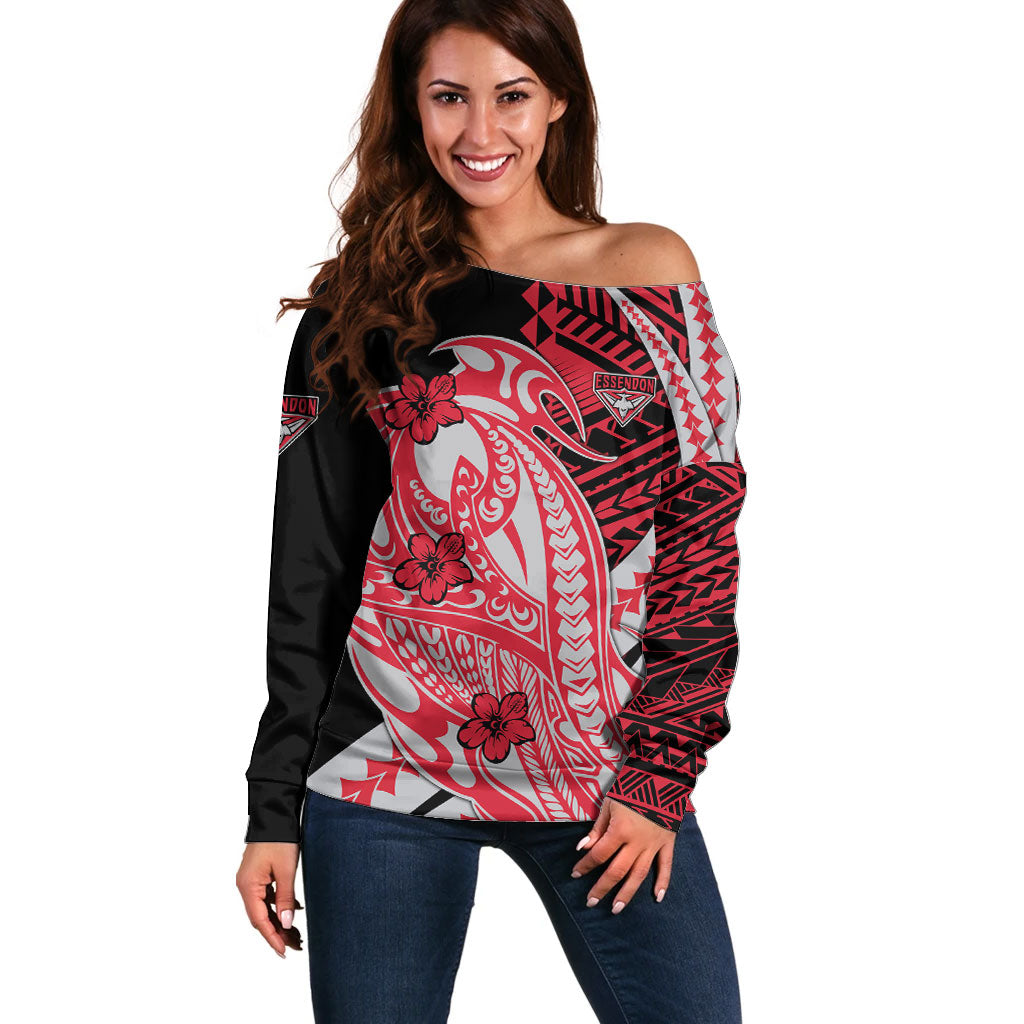 Personalized Essendon Bombers Off Shoulder Sweater Polynesian Tribal Bomber Pilot Mascot With Hibiscus Floral Art
