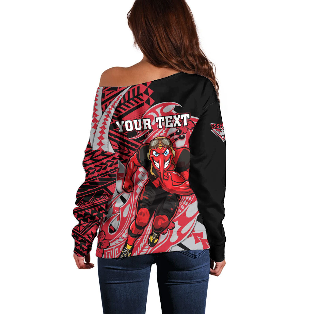 Personalized Essendon Bombers Off Shoulder Sweater Polynesian Tribal Bomber Pilot Mascot With Hibiscus Floral Art