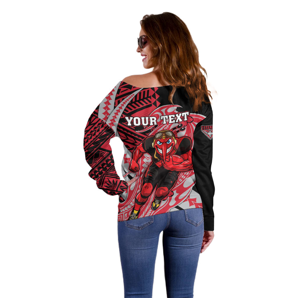 Personalized Essendon Bombers Off Shoulder Sweater Polynesian Tribal Bomber Pilot Mascot With Hibiscus Floral Art