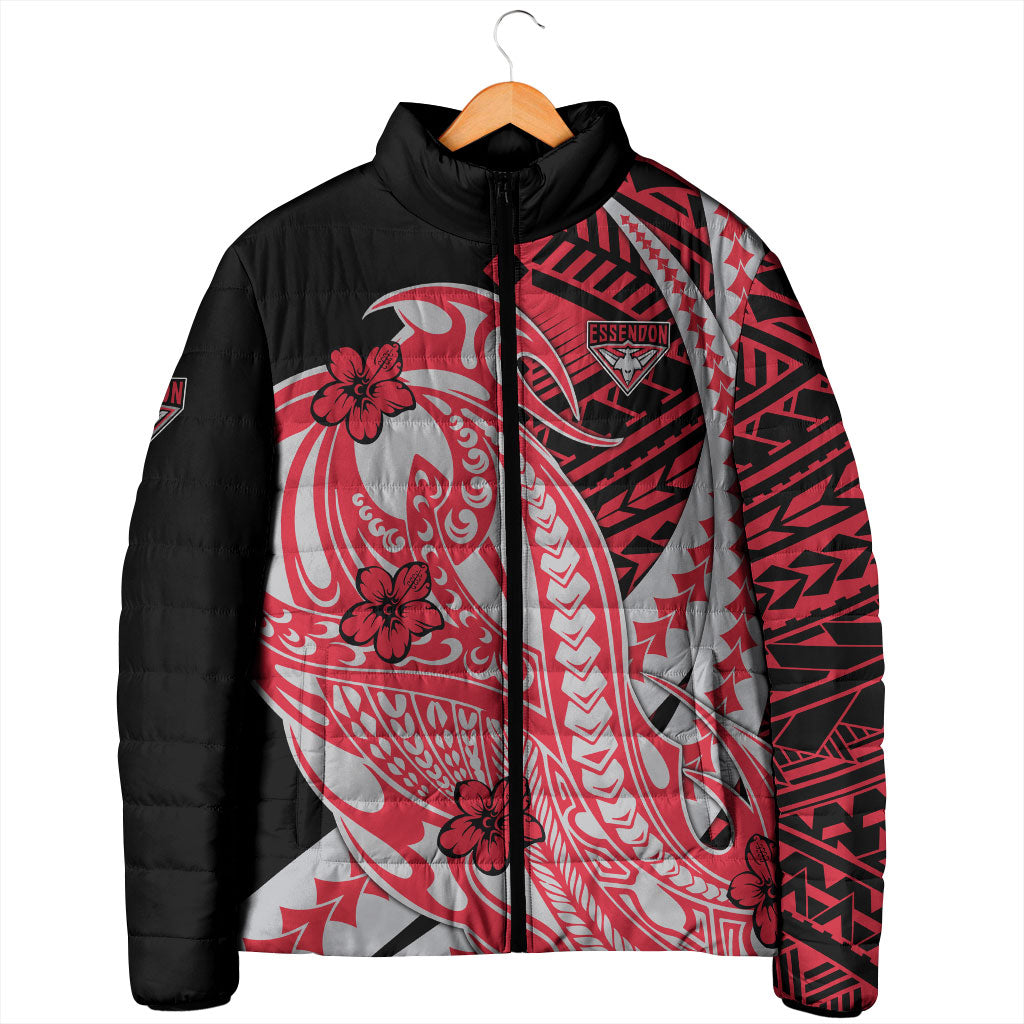 Personalized Essendon Bombers Padded Jacket Polynesian Tribal Bomber Pilot Mascot With Hibiscus Floral Art