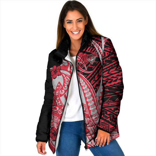Personalized Essendon Bombers Padded Jacket Polynesian Tribal Bomber Pilot Mascot With Hibiscus Floral Art