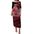 Personalized Essendon Bombers Puletasi Polynesian Tribal Bomber Pilot Mascot With Hibiscus Floral Art