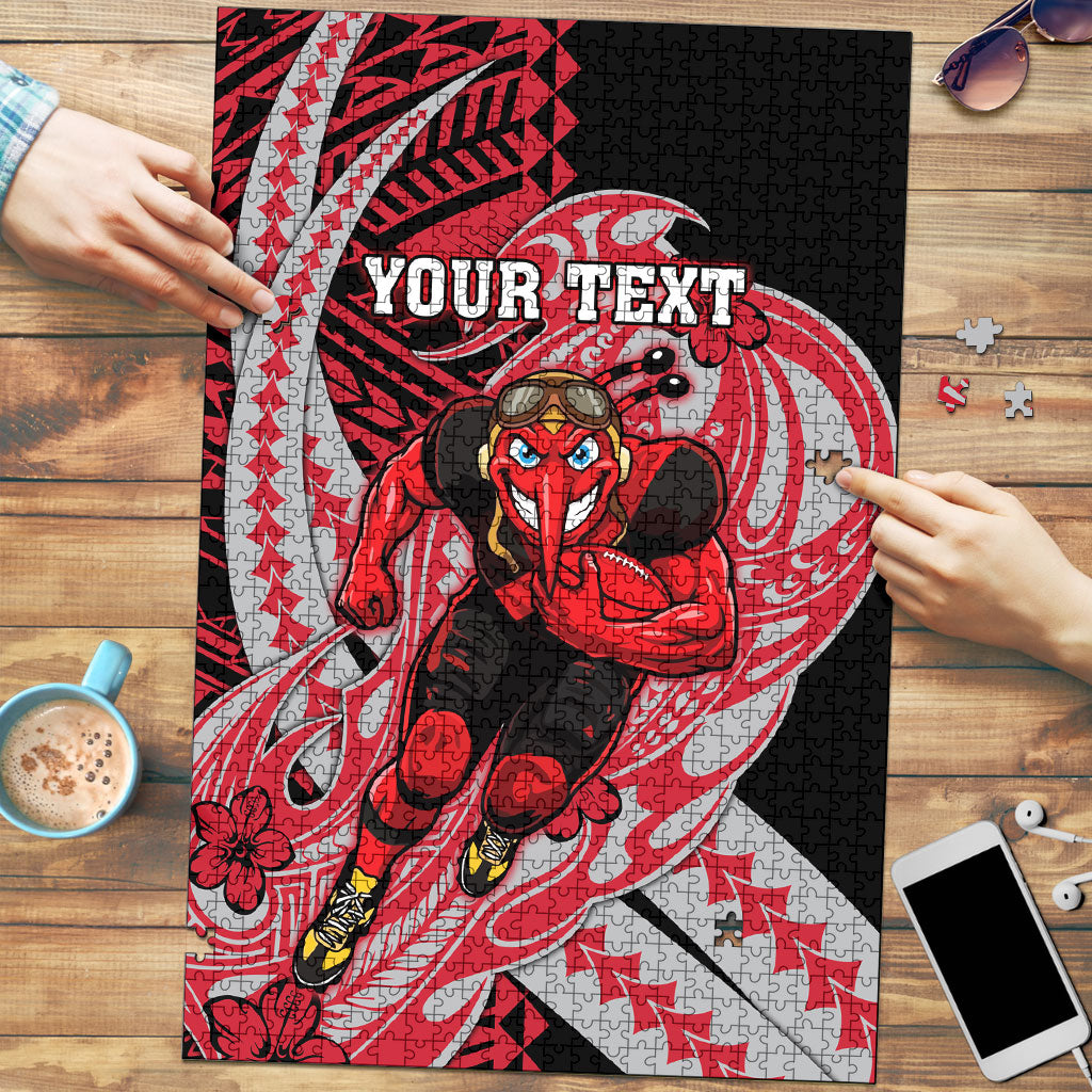 Personalized Essendon Bombers Puzzle Polynesian Tribal Bomber Pilot Mascot With Hibiscus Floral Art