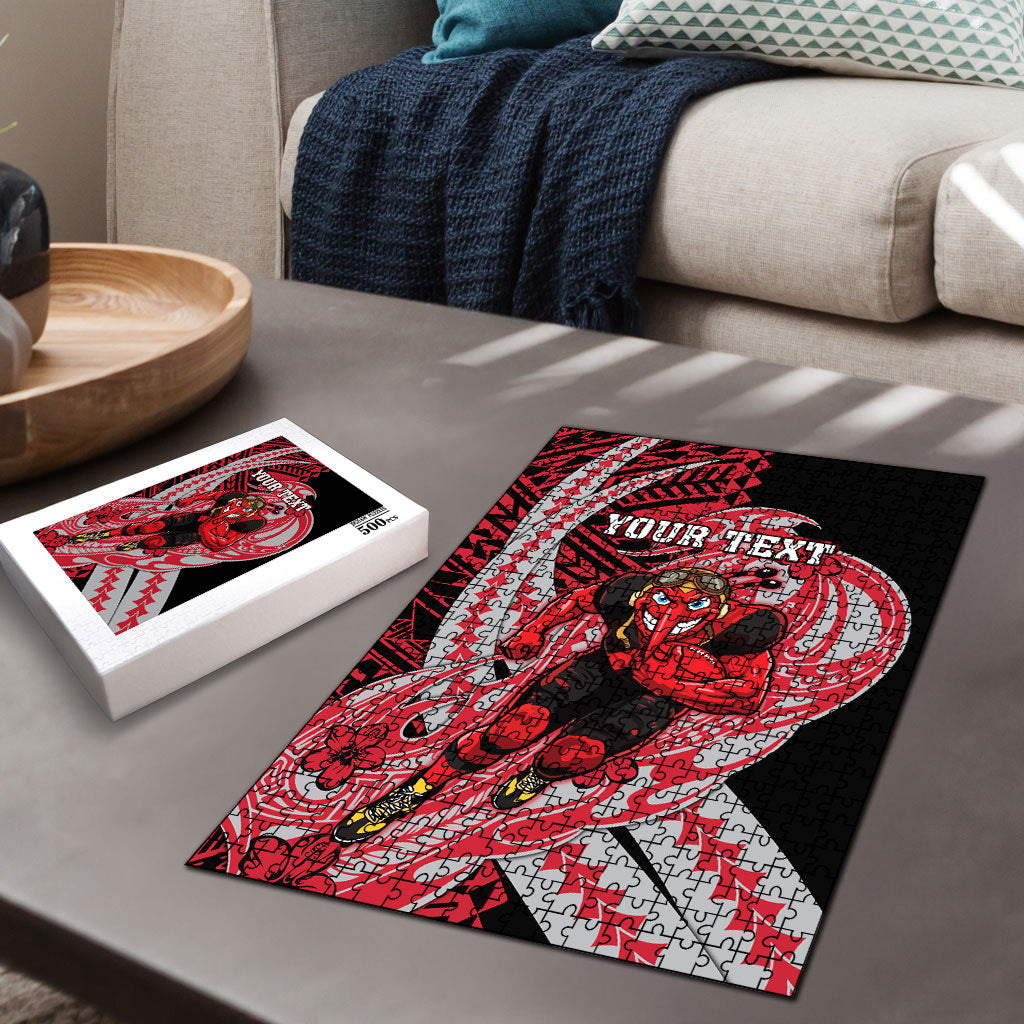 Personalized Essendon Bombers Puzzle Polynesian Tribal Bomber Pilot Mascot With Hibiscus Floral Art