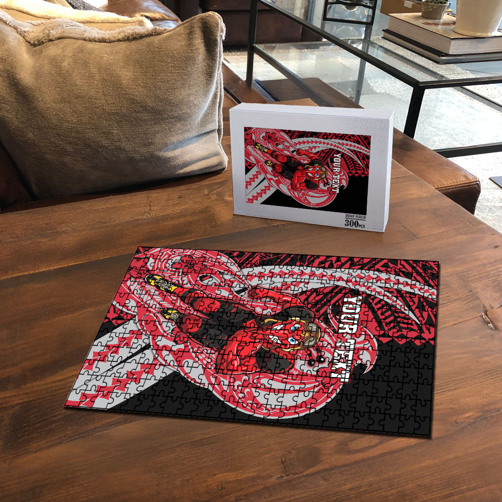 Personalized Essendon Bombers Puzzle Polynesian Tribal Bomber Pilot Mascot With Hibiscus Floral Art