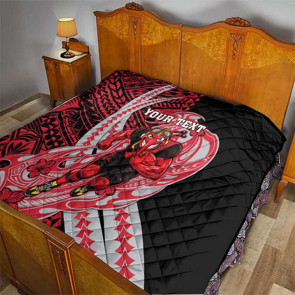 Personalized Essendon Bombers Quilt Polynesian Tribal Bomber Pilot Mascot With Hibiscus Floral Art