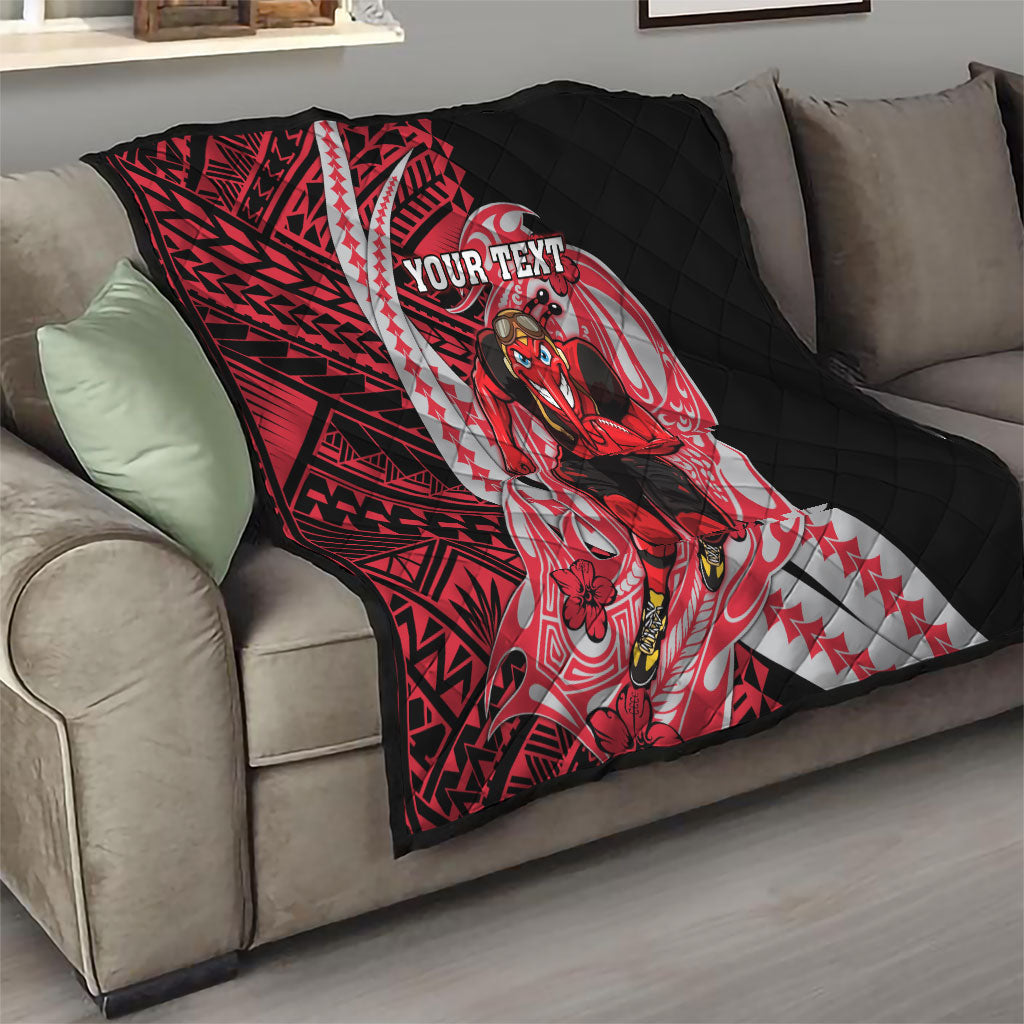 Personalized Essendon Bombers Quilt Polynesian Tribal Bomber Pilot Mascot With Hibiscus Floral Art