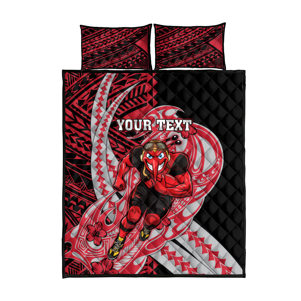 Personalized Essendon Bombers Quilt Bed Set Polynesian Tribal Bomber Pilot Mascot With Hibiscus Floral Art