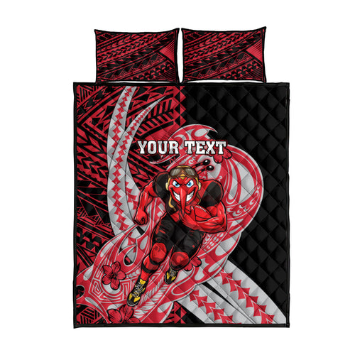 Personalized Essendon Bombers Quilt Bed Set Polynesian Tribal Bomber Pilot Mascot With Hibiscus Floral Art