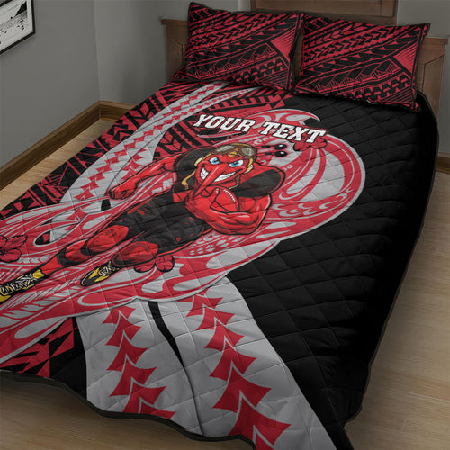 Personalized Essendon Bombers Quilt Bed Set Polynesian Tribal Bomber Pilot Mascot With Hibiscus Floral Art