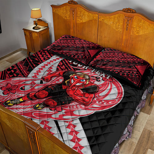 Personalized Essendon Bombers Quilt Bed Set Polynesian Tribal Bomber Pilot Mascot With Hibiscus Floral Art
