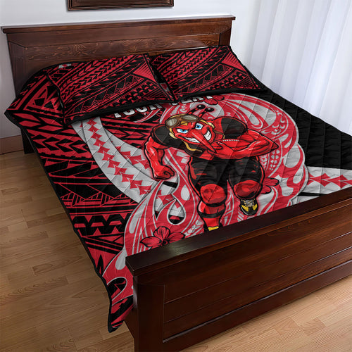 Personalized Essendon Bombers Quilt Bed Set Polynesian Tribal Bomber Pilot Mascot With Hibiscus Floral Art