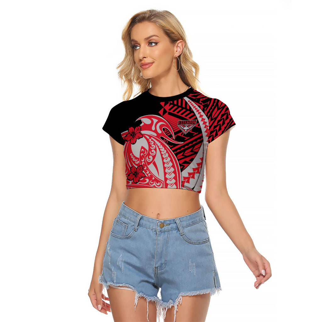 Personalized Essendon Bombers Raglan Cropped T Shirt Polynesian Tribal Bomber Pilot Mascot With Hibiscus Floral Art