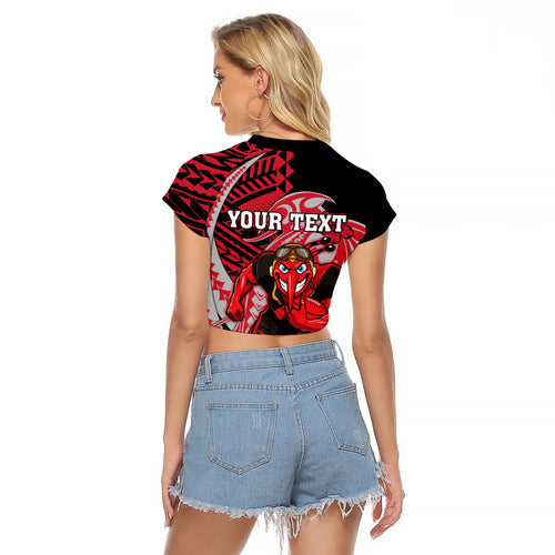 Personalized Essendon Bombers Raglan Cropped T Shirt Polynesian Tribal Bomber Pilot Mascot With Hibiscus Floral Art