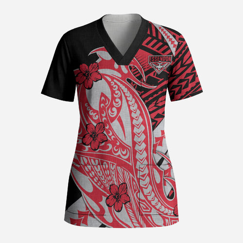 Personalized Essendon Bombers Scrub Top Polynesian Tribal Bomber Pilot Mascot With Hibiscus Floral Art